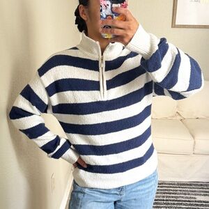 J. Crew Navy and White Striped Zip-Up Sweater
